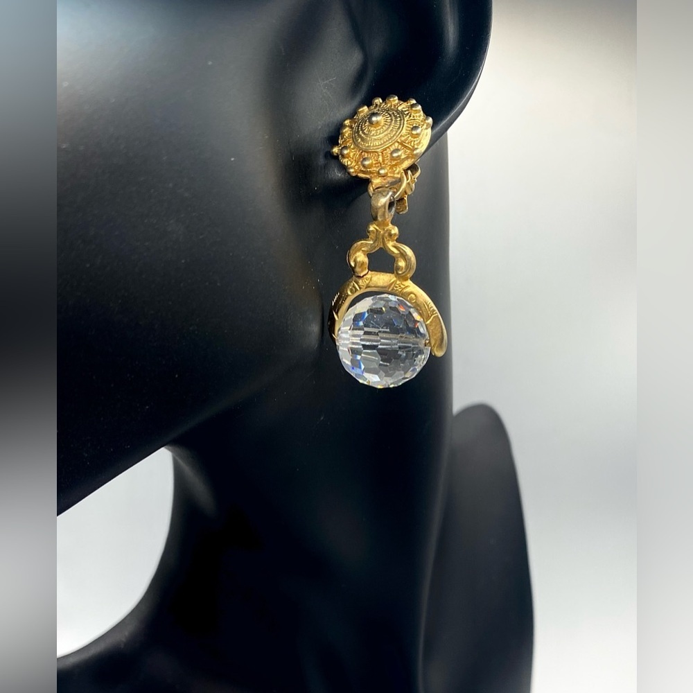 Vintage Donna Karan DKNY Drop Faceted Crystal Ball Art Deco Clip On Earrings - Picture 3 of 8